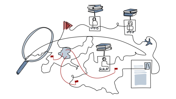 Auf einem abstrakt angedeuteten Teil der Weltkugel werden die Ländergrenzen Deutschlands dargestellt. Mit Fahnen und Pfeilen werden Standorte auf der Weltkugel angedeutet, die nach Deutschland zeigen. Eine Lupe symbolisiert die Suche nach Professorinnen. Das Bild ist mit einer einzigen, ununterbrochenen fließenden Linie gezeichnet, die sogenannte One Line Art.