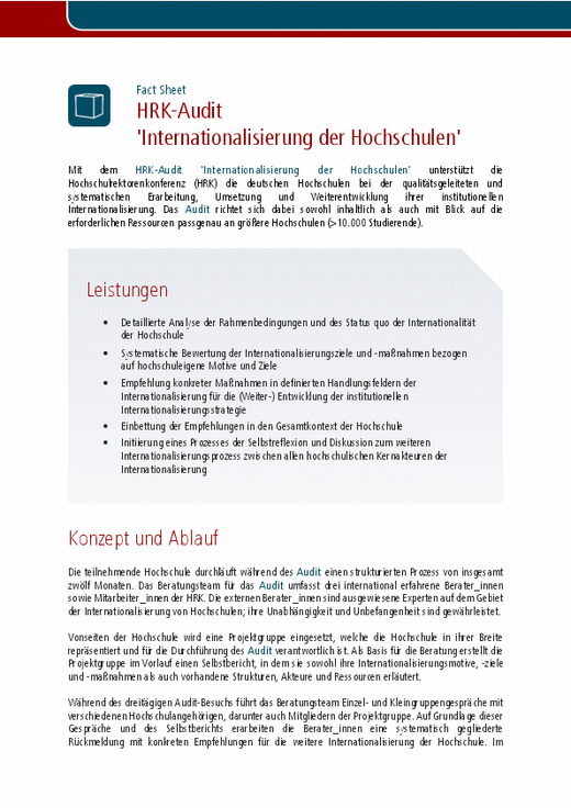 Herunterzuladen ist das Fact Sheet des HRK-Audit "Internationalisierung der Hochschulen"