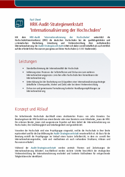 Herunterzuladen ist das Fact Sheet der HRK-Audit-Strategiewerkstatt "Internationalisierung der Hochschulen"