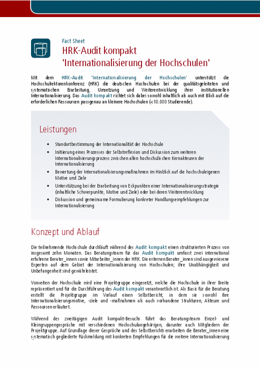 Herunterzuladen ist das Fact Sheet des HRK-Audit kompakt "Internationalisierung der Hochschulen"