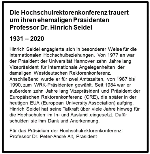 Traueranzeige: Die HRK trauert um ihren ihren ehemaligen Präsidenten Professor Dr. Hinrich Seidel.